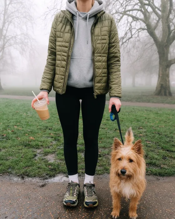 Quilted jacket and a hoodie on a foggy dog walk