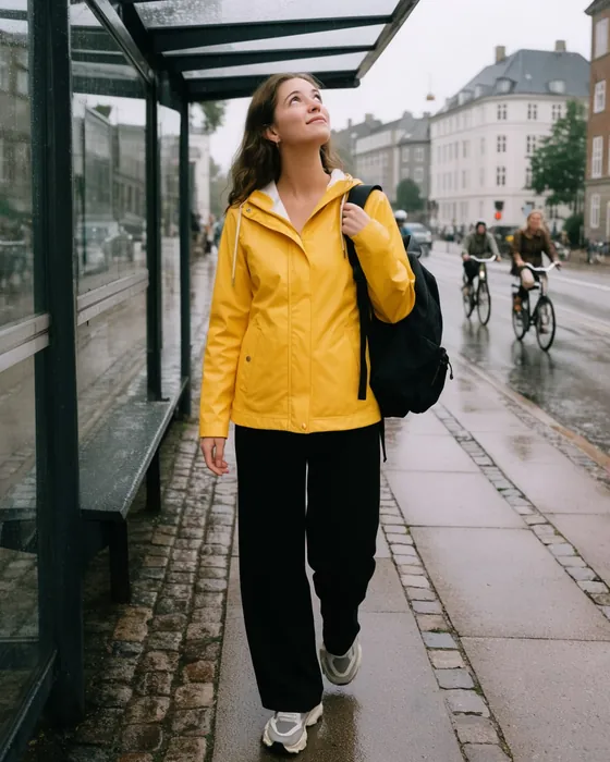 Yellow rain jacket and wide trousers at a bus stop