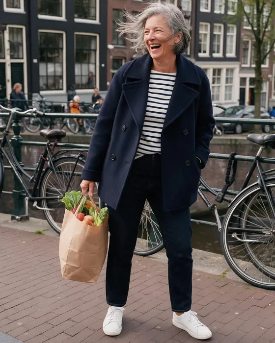 Navy peacoat and a striped top on a canal bridge