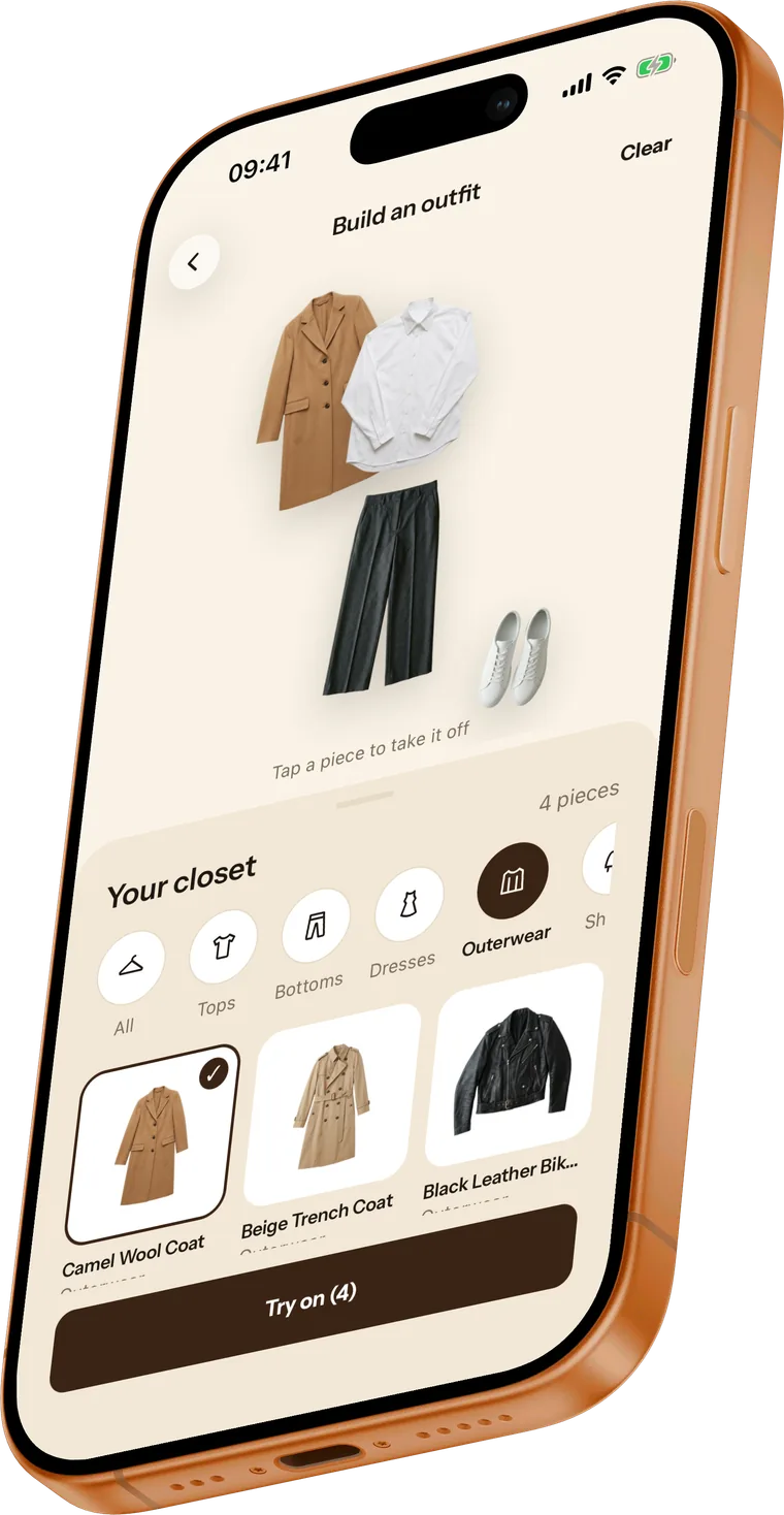 Build an outfit screen with a coat, shirt, trousers and sneakers