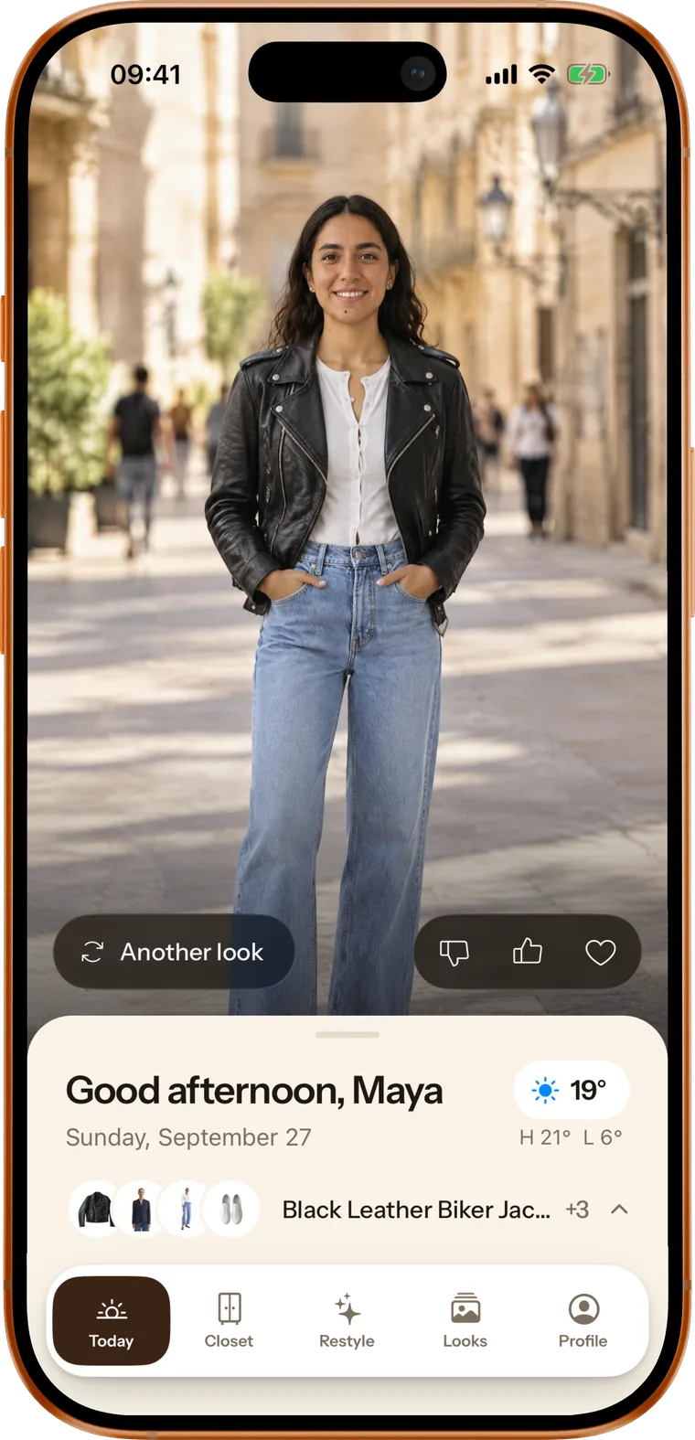 Today screen: a morning outfit shown on Maya's photo, with the forecast and the pieces from her closet