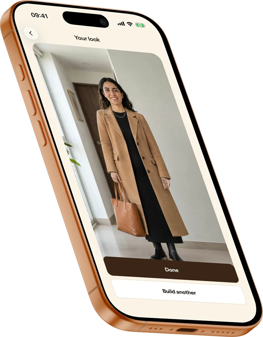 Try-on screen showing a camel coat outfit on the user's photo